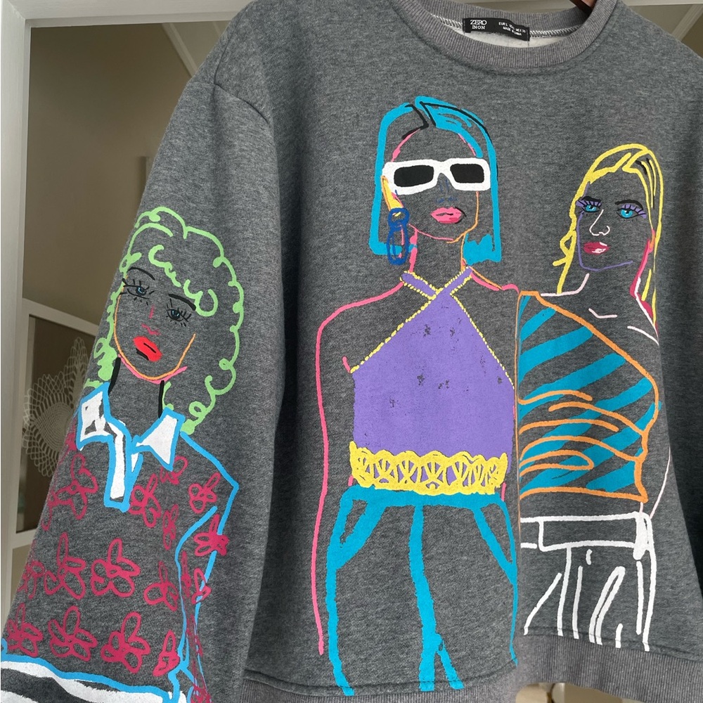 Zara Zero in On Graphic Girls Crewneck Sweatshirt Neon/Gray 80sVibe - Picture 4 of 14